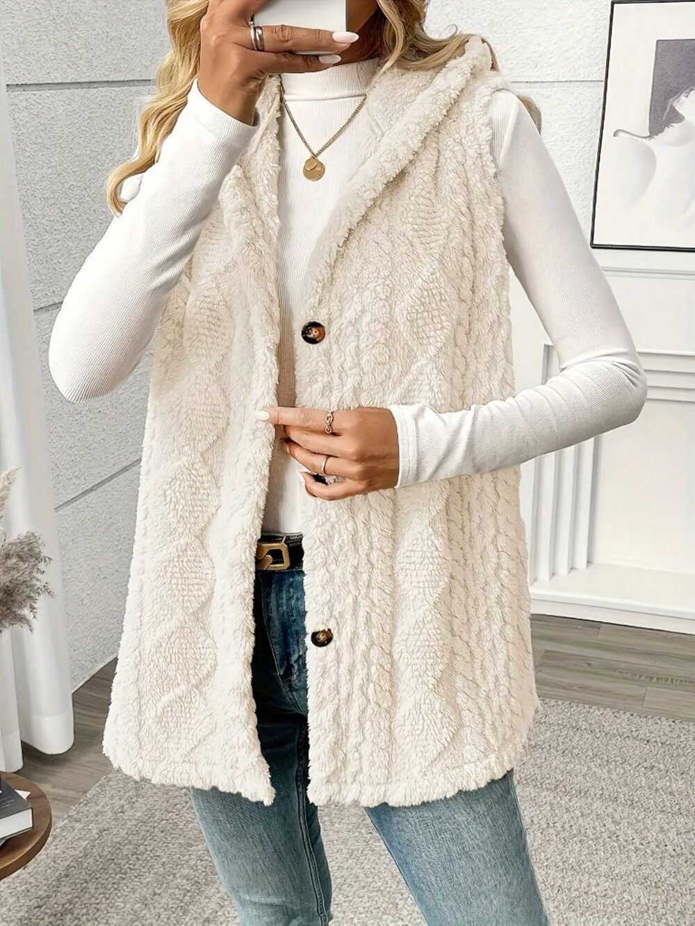 Beige Casual Women's Sleeveless Hooded Fleece Jacket